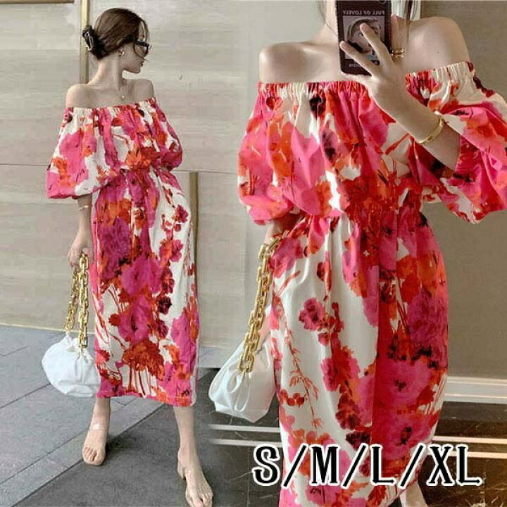 楽天市場 ワンピース マキシ丈 オフショル 夏 バルーン袖 バックスリット セクシー ウエストゴム 大花柄 派手 リゾートワンピ サマードレス オフショルダー 背中開き 体型カバー 夏ワンピ アロハ エスニック プリント 半袖 フラワー ロング S M L Xl 赤 Dd0x1x1t2