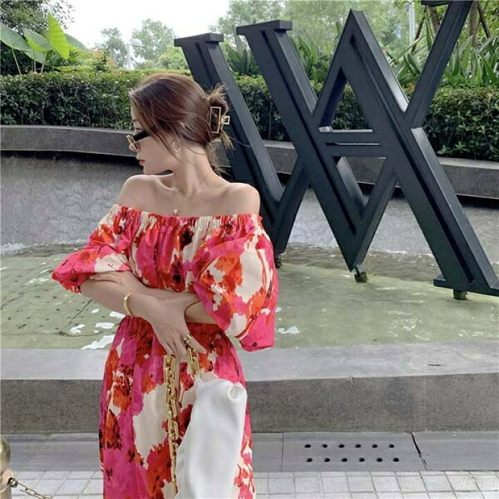 楽天市場 ワンピース マキシ丈 オフショル 夏 バルーン袖 バックスリット セクシー ウエストゴム 大花柄 派手 リゾートワンピ サマードレス オフショルダー 背中開き 体型カバー 夏ワンピ アロハ エスニック プリント 半袖 フラワー ロング S M L Xl 赤 Dd0x1x1t2