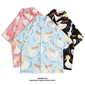 アロハシャツ シャツ レディース 開襟シャツ 夏物 ハワイアン 半袖 アヒル柄 総柄 可愛い ゆったり 体型カバー 大きいサイズ ヴィンテージ風 シンプルデザイン オープンカラー カジュアル ストリートリゾート 旅行 海 ビーチ レトロ dd019z7z7t2