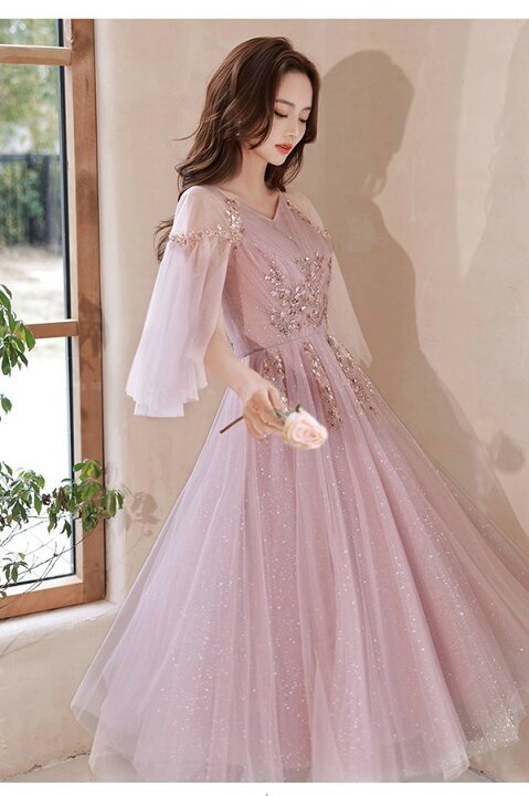 楽天市場】ドレス 大人 ピアノ発表会 ドレス ピンク 演奏会 ミモレ丈  