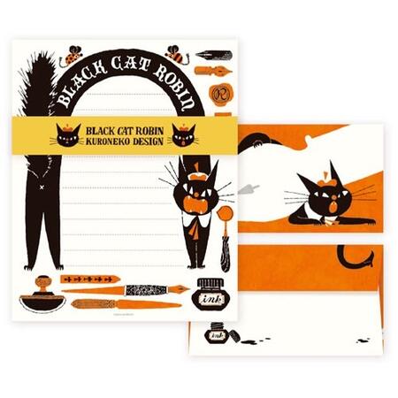 <br><br>レターセット BLACK CAT ROBIN<br> <br>おしゃれ　かわいい　女子文具　cozyca products 　コジカプロダクツ　メッセージ　大人　猫　猫グッズ　ねこ