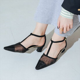 【公式】【SALE／62%OFF】イーボル EVOL 軽量・柔らかい Tストラップチュールパンプス ブラック 25ss 新作 靴 レディース パンプス セパレートデザイン チュール 感 ドット Tストラップ 太ヒール パーティー 大きいサイズ 25cm