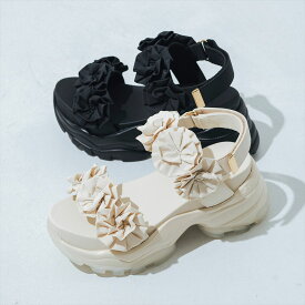 【公式】【SALE／47%OFF】イーボル EVOL クッション入り・柔らかい フラワー厚底スポーツサンダル ブラック 25ss 新作 靴 レディース サンダル 厚底 フラワーモチーフ ベルクロ リゾート デート ソフト レディ ガーリー