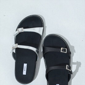 【公式】【SALE／12%OFF】イーボル EVOL 軽量・柔らかい ダブルベルトスタッズフラットサンダル ブラック 25ss 新作 靴 レディース サンダル フラット ビジュー キラキラ 軽量 ふかふか 大人っぽい スタイルアップ シンプル 大きいサイズ ぺたんこ