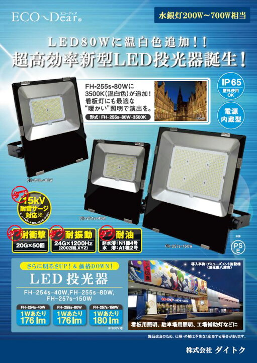 楽天市場】LED投光器 水銀灯400W相当 昼白色 ワイド光タイプ FH-255s 