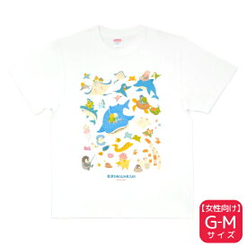 Tシャツ　BIRDAQUARIUM　G-Mサイズ　ガールズ 女性向け レディース インコ 文鳥 野鳥 シマエナガ ことり 小鳥 雑貨 グッズ ティーシャツ 半そで 半袖 クルーネック 丸首 夏服 鳥柄 魚 水族館 プリント イラスト アニマル 白地 綿100％ コットン【BIRDSTORY】