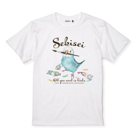 Tシャツ お絵描きセキセイ Sサイズ　セキセイインコ ブルー ことり 小鳥 雑貨 グッズ 半袖 クルーネック 普通丈 綿100％ イラスト かわいい インパクト ユニーク 絵の具 英字 カジュアル レディース メンズ キッズ 女性 男性 大人 子供 ユニセックス 男女兼用【ゆとり屋】