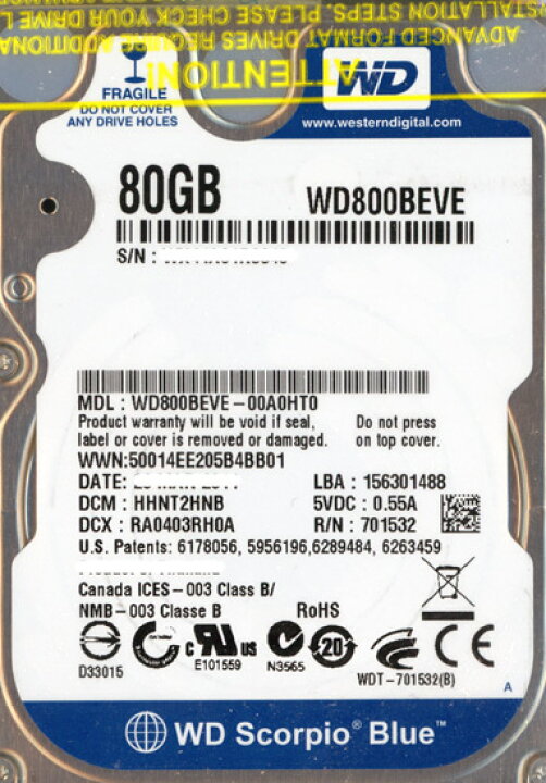 楽天市場】WesternDigital HDD 2.5inch WD800BEVE 80GB 9.5mm : エクセラー