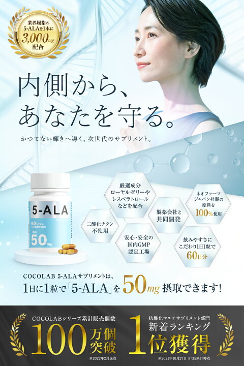 楽天市場】【楽天ランキング1位】 5-ALA サプリメント 3000mg 3個セット (1カプセルに50mg配合) 5ーala サプリ 国産 5アラ 健康 ネオファーマジャパン製 5ala ファイブアラ 5-アミノレブリン酸リン酸塩 60カプセル (60日分) 日本製 COCOLAB : いいねONLINE 健康&美容 研究所 楽天市場】【楽天ランキング1位】 5-ALA サプリメント 3000mg 3個セット (1カプセルに50mg配合) 5ーala サプリ 国産 5アラ 健康 ネオファーマジャパン製 5ala ファイブアラ 5-アミノレブリン酸リン酸塩 60カプセル (60日分) 日本製 COCOLAB : いいねONLINE 健康&美容 研究所