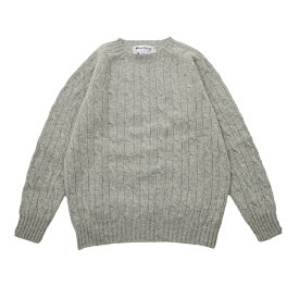 HARLEY OF SCOTLAND (ハーレーオブスコットランド) ALLOVER CABLE CREW NECK SWEATER 100% PURE NEW WOOL - SILVER