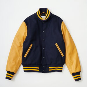 GB SPORTS (�W�[�r�[�X�|�[�c) THE ALBANY - CONTEMPORARY FIT SNAP FRONT WOOL LEATHER VARSITY JACKET QUILT LINING - NAVY MELTON_GOLD COW LEATHER �X�^�W���� �����Y