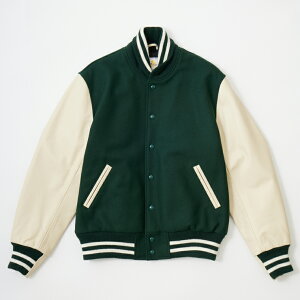 GB SPORTS (W[r[X|[c) THE ALBANY - CLASSIC FIT SNAP FRONT WOOL LEATHER VARSITY JACKET QUILT LINING - FOREST MELTON_CREAM COW LEATHER