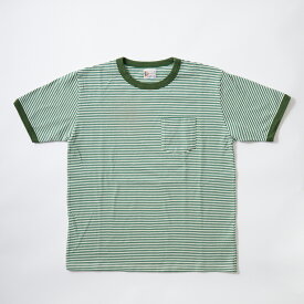 FELCO (フェルコ) S/S RINGER POCKET T AMERICAN VINTAGE STRIPE - NATURAL_GREEN ボーダー Tシャツ メンズ