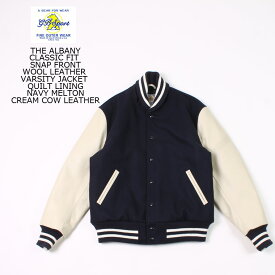 GB SPORTS (ジービースポーツ) THE ALBANY - CLASSIC FIT SNAP FRONT WOOL LEATHER VARSITY JACKET QUILT LINING - NAVY MELTON_CREAM COW LEATHER