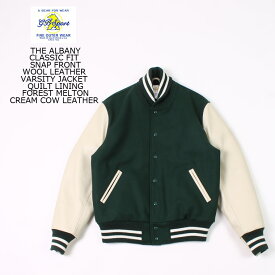 GB SPORTS (ジービースポーツ) THE ALBANY - CLASSIC FIT SNAP FRONT WOOL LEATHER VARSITY JACKET QUILT LINING - FOREST MELTON_CREAM COW LEATHER
