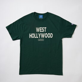 CALIFOLKS (カリフォークス) S/S WORD PRINT CHAMPION 6oz T-SHIRT - WEST HOLLYWOOD_D.GREEN Tシャツ メンズ