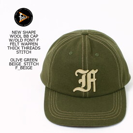 FELCO (フェルコ) NEW SHAPE WOOL BB CAP W/OLD FONT F FELT WAPPEN THICK THREADS STITCH - OLIVE GREEN_BEIGE STITCH_F BEIGE ベースボールキャップ メンズ レディース