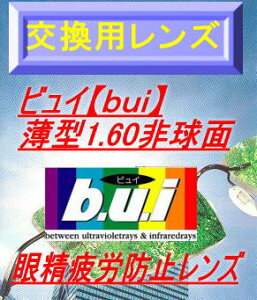 眼精疲労予防薄型非球面【交換用レンズ・加工料込】ビュイ【bui】1.60AS高撥水&UVカット付(2枚1組)ビュイ度付き・老眼鏡・近視・乱視・老視など