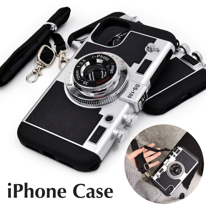 楽天市場 ストラップ付き カメラ型 アイフォン ケース 肩掛け可能 ブラック シルバー ストラップ付 Iphone 13 Promax 13pro 12 12mini 11 11pro Promax Xr Xs Xsmax 8 7 7plus 8plus Se3 Se2 立体的 インスタ映え メンズ レディース スマホ カバー