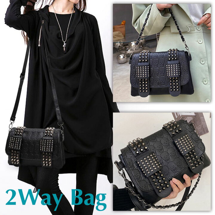 楽天市場】スタッズ バッグ スカル ブラック 2Way ショルダー レザー  