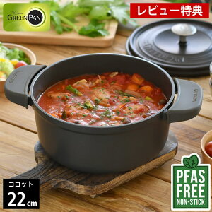 両手鍋 22cm GREENPAN グリーンパン ココットラウンド 22cm ポットホルダー 2個付 グレー フェザーウェイト グリーンパン 鍋 熱伝導 ih 料理 オーブン PFAS FREE 金属 IH対応 キッチン お手入れ フッ素