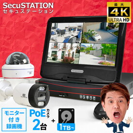 【最大4K モニター付き録画機 PoEカメラ2台セット】 防犯カメラ 屋外 PoE モニターセット 録画装置 800万画素 室内 家庭用 業務用 簡単設置 センサーライト 夜間カラー 暗視 動体検知 録画 スマホ パソコン 遠隔 通知 wifi ネット 不要 有線 2台 セット DU85K