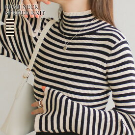 【スーパーSALE★12/11 12時まで2080円】フレアボーダーニット セーター レディース 秋冬 長袖 きれいめ ハイネック トップス ニット ボーダー フレアスリーブ 袖フレア リブ ストレッチ 伸縮性 重ね着 春秋 冬 インナー 上品