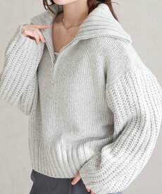 【スーパーSALE★12/11 12時まで3480円】ハーフジップニット レディース 秋冬 きれいめ ゆったり 大きいサイズ 長袖 トップス セーター ファスナー ショート丈 秋冬 ボリューム袖 ハイネック 体型カバー 重ね着 防寒 暖かい プルオーバー 上品