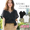<10%OFFクーポン利用で2,682円>【送料無料】スカラップレース切替プルオーバー トップス スカラップ 切替 夏服 レディース レース 半袖 フレンチ ゆ...