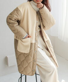 【スーパーSALE★12/11 12時まで5980円】ノーカラーボア×ひょうたんキルトコート レディース 冬 ロング 軽い きれいめ 大きいサイズ 暖かい 防寒 コート アウター キルティング ボア 軽量 ゆったり 体型カバー 異素材 防風 上品 ロングコート