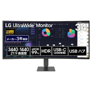 LG Electronics Japan 34�C���` �Ȗʌ^�E���g�����C�h �t���f�B�X�v���C(3440x1440/VA�p�l��/sRGB 99%/HDR10/DP/HDMIx2/TypeC(PD65W)/��������/3�N�ۏ�) 34U640B-B ���Ԏw��s��