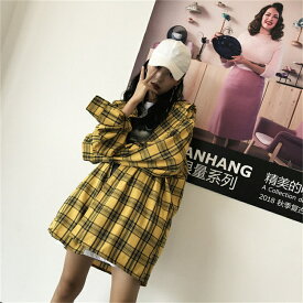 【送料無料】【お取り寄せ品】3サイズ展開　S　M　L　韓国　ストリートファッション　フード付き　チェック　長袖シャツ　ダンス衣装