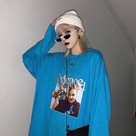 【送料無料】【お取り寄せ品】青色　フリーサイズ　韓国　ストリートファッション　ビッグシルエット　メンズ　レディース　ユニセック　ロンT　長袖　Tシャツ　ダンス衣装