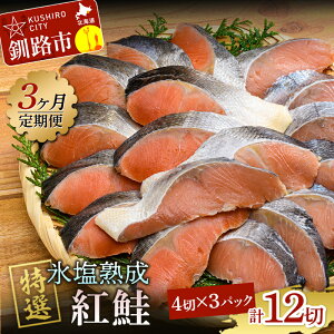 【ふるさと納税】≪3ヶ月連続定期便≫ マルア阿部商店特選 氷塩熟成 紅鮭切身 12切(4枚入×3袋) 定期便 鮭 サケ 紅鮭 おかず 魚 魚介 海鮮 シャケ 切り身 F4F-8090