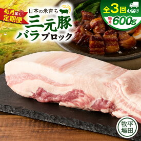 【ふるさと納税】＜選べる容量と回数＞ 3回 ～ 12回 毎月 定期便 日本の米育ち平田牧場 三元豚バラブロック 600g or 1.2kg 肉 豚 豚肉 三元豚 バラ ブロック 塊 冷凍 便利 パック 定期 平田牧場 北海道 苫小牧市 おすすめ ランキング プレゼント ギフト