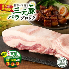 【ふるさと納税】＜選べる容量と回数＞ 3回 ～ 12回 毎月 定期便 日本の米育ち平田牧場 三元豚バラブロック 600g or 1.2kg 肉 豚 豚肉 三元豚 バラ ブロック 塊 冷凍 便利 パック 定期 平田牧場 北海道 苫小牧市 おすすめ ランキング プレゼント ギフト