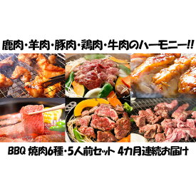 【ふるさと納税】定期便 4ヵ月連続4回 BBQ 焼肉 5人前セット 6種 各1 お肉 牛肉 豚肉 鶏肉 羊肉 鹿肉 肉 ジビエ ジンギスカン 味付き たれ 焼き肉 バーベキュー アウトドア パーティー 詰め合わせ お取り寄せ 冷凍 ギフト 久上工藤商店　【定期便・お肉 牛肉 肉の加工品】