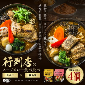 【ふるさと納税】【北海道で大行列のできる人気スープカレー店】GARAKUスープカレー2種食べ比べ4個セット チキン(300g×2個) 豚角煮(358g×2個) ( レトルトカレー レトルト スープカレー カレー チキンレッグ 豚角煮 本格スパイスカレー 有名店 北海道 遠軽町 ) en01-00030