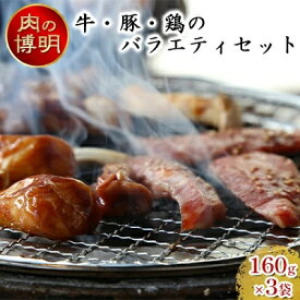 【ふるさと納税】【ヤキニクストック】牛・豚・鶏のバラエティセット 160g×3袋【肉の博明】【焼肉セット】【国産】　 お肉 牛肉 豚肉 鶏肉 味付け肉 バーベキュー おかず 一人焼肉 山賊焼き サガリ