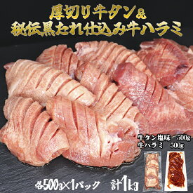 【ふるさと納税】厚切り牛タン塩味500g・味付き牛ハラミ「秘伝の黒たれ仕込み」500g各1パック 牛肉 肉 焼肉 たんもと たんなか 塩牛タン 冷凍 真空パック 味付け肉 BBQ