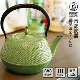 【ふるさと納税】 南部鉄器 鉄瓶 末広アラレ 緑 1.2L ガスレンジ IH調理器 伝統工芸品 鉄分補給 使いやすい 人気 やかん ケトル キッチン用品 日用品 雑貨 [BS028]