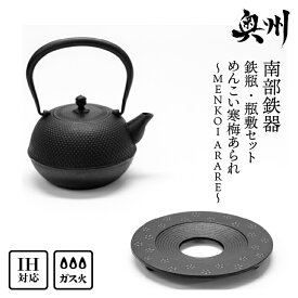 【ふるさと納税】 南部鉄器 『鉄瓶・瓶敷セット』 めんこい寒梅あられ〜MENKOI ARARE〜 0.9L IH対応 ガス やかん ケトル 日本製 伝統工芸品 白湯 鉄分 鉄分補給 茶器 職人 岩手県 キッチン用品 キッチンツール 食器 日用品 雑貨 おしゃれ 贈答 プレゼント お祝い[BE017]