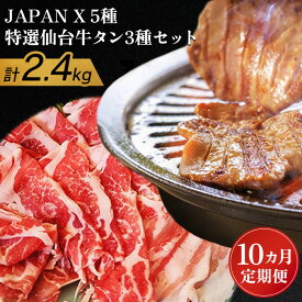 【ふるさと納税】【定期便:10ヶ月】 JAPANX5種と特選仙台牛タン3種 JAPANX ロース 肩ロース バラ モモ 小間 仙台牛タン 塩 味噌 醤油 計2.4kg 豚 牛 機内食 定期便 10ヶ月 ふるさと納税 宮城県 白石 白石市【04160】