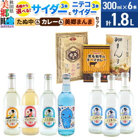 【ふるさと納税】ニテコサイダー3本＋【選べる炭酸飲料：りんごサイダー／青いミズモサイダー／はちみつサイダー／ニテコ炭酸水】各3本とたぬ中・キーマカレーのセット・美郷まんまのセット