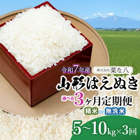 【ふるさと納税】【3ヶ月定期便】令和7年産　山形はえぬき　容量・精米種類お選びください［5～10kg・精米/無洗米］×3回　山形県庄内産 一等米 ごはんソムリエ監修