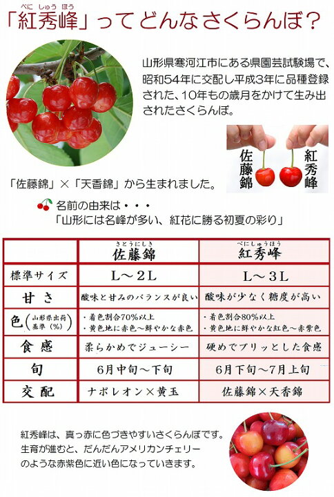 楽天市場】【ふるさと納税】大粒 さくらんぼ 「紅秀峰」 1kg 特秀品 3L以上 (500g×2) 農家直送 【2022年6月下旬頃~7月上旬頃発送予定】 / お取り寄せ ご当地 特産 フルーツ 果物 果実 くだもの お裾分け 東北 2022年産 令和4年 山形県産 : 山形県寒河江市 楽天市場】【ふるさと納税】大粒 さくらんぼ 「紅秀峰」 1kg 特秀品 3L以上 (500g×2) 農家直送 【2022年6月下旬頃~7月上旬頃発送予定】 / お取り寄せ ご当地 特産 フルーツ 果物 果実 くだもの お裾分け 東北 2022年産 令和4年 山形県産 : 山形県寒河江市