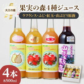 【ふるさと納税】 大江の恵 果実の森4種ジュース (各500ml 山ぶどう原液・ラフランス・ふじ・紅玉) 飲料類 果汁飲料 ドリンク 果汁100% ジュース 飲み比べ
