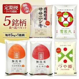 【ふるさと納税】≪5ヶ月定期便≫ 無洗米 5銘柄食べ比べセット 各5kg 5ヶ月連続 計25kg 令和8年産 ササニシキ 雪若丸 ひとめぼれ はえぬき つや姫 山形県産 毎月下旬にお届け 山形県 遊佐町 庄内地方 ブランド米 ごはん ご飯 白米 連続定期便 小分け