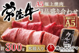 【ふるさと納税】 焼き肉 焼肉 ギフト ギフトセット 内祝い お祝い 誕生日プレゼント 食べ物 黒毛和牛 A5 誕生日プレゼント 牛肉 3種 常陸牛A5極上焼肉3品盛り合わせ 計300g＜木箱入り・特製タレ付き＞【肉のイイジマ】 茨城県 水戸市（DU-32）