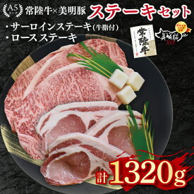 【ふるさと納税】【常陸牛 A5ランク・美明豚ステーキセット】常陸牛サーロインステーキ900g（300g×3枚）＋美明豚ロースステーキ420g（140g×3枚） 冷凍 国産牛 和牛 牛肉 豚肉　ブランド豚 茨城県 水戸市 食べ比べ セット商品 国産 50000円 老舗精肉店 EK-21